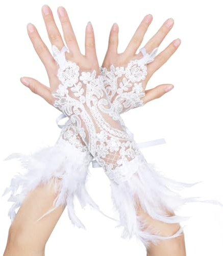 MorLuks Spitzenhandschuhe Federn, Lange Handschuhe Spitze Fingerlose, Handschuhe 20er Jahre Damen, Handschuhe Karneval für Hochzeit Halloween Fasching Cosplay Party