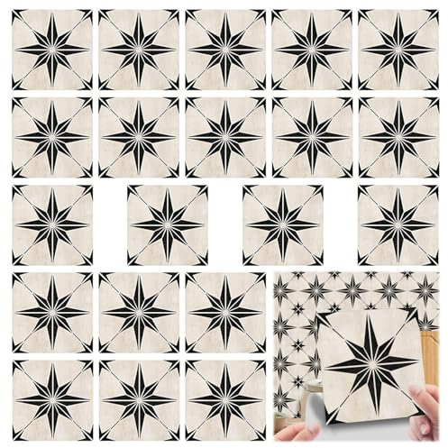 20 Pieces Classic Eight-Pointed Star Black and White Backsplash Wall Art Decal for Kitchen DIY Decoration, Tile Stickers