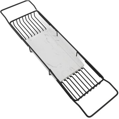 HELEVIA Metall-Marmor-Badewannenregal, rutschfest, Platzsparend, Multifunktional, Erweiterbar, Badewannenablage, Einweihungsgeschenk (Schwarz Weiß)
