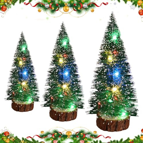 Tisch-Weihnachtsbaum, 3-teilig – Miniatur-Weihnachtsbaum mit LED, kleine und Stofftaschensockel | kleine Weihnachtsbaum-Ornamente, Feiertagsdekorationen für Kommoden, Schlafzimmer,