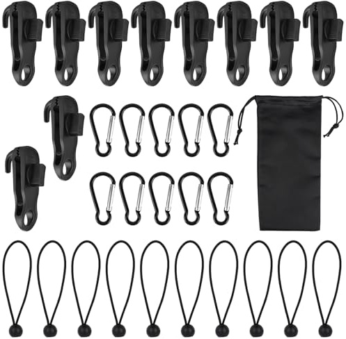 30 Stück Tarp Clips Set, Planenspanner Planenbefestigung mit 10 Zelt Bungees Schnüre und 10 Karabiner Clips, Haiförmige Planenclips, Tarp Clip Clamp für Zelte, Vordächer, Wohnmobil