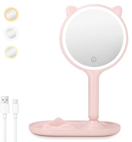 Cuteefun Kosmetikspiegel mit Beleuchtung, 1X/5X Doppelseitiger VergrößErungsspiegel, Tischspiegel und Handspiegel, 3 Farben Dimmbar, Aufladbar LED Schminkspiegel für Schlafzimmer, Schminktisch, Rosa