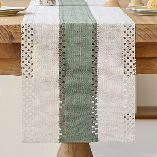 Kiatuniya Tischläufer Beige und Salbeigrün Boho Tisch Läufer Makramee Gehäkelte Spitze Modern Tischläufer Deko Schmal Vintage Bauernhaus Table Runner Kurz Hochzeit Party Tischdeko Outdoor 30x140 cm