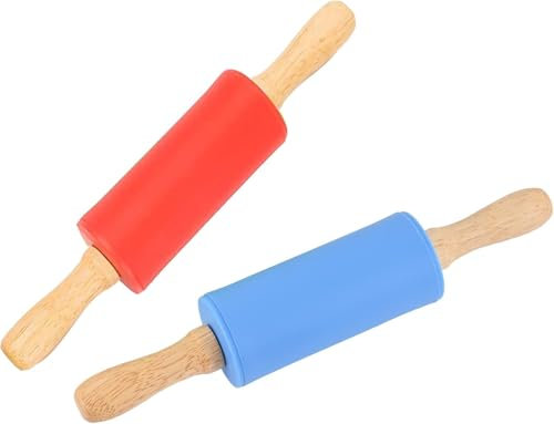 2 Pack Classic Small Rolling Pin for Kids,Wooden Handle Non Stick Silicone Rolling Pin for Dough, Pizza, Pastry Kitchen, Baking Equipment.