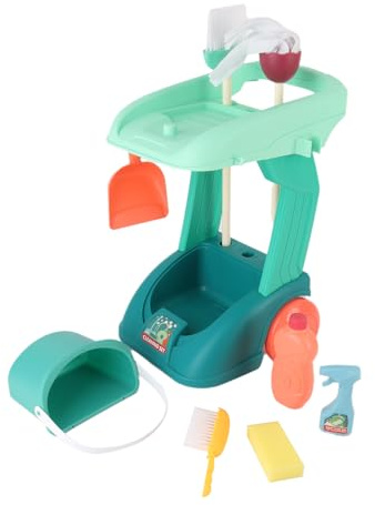 Kids Cleaning Trolley and Vacuum Toy Set, 2 Play Sets with Mop, Broom, Brush and Accessories, Green, Age 3+