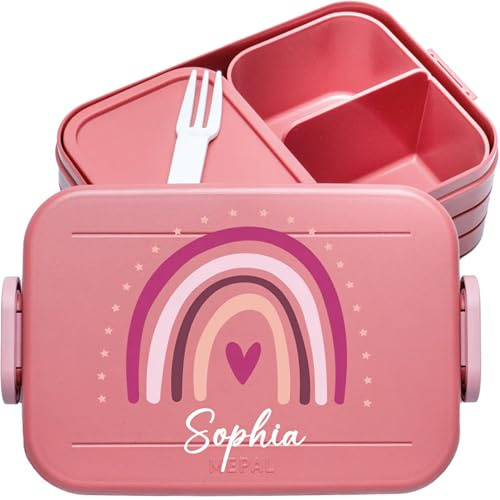 4youDesign | Personalisierte Kinder Brotdose Midi Rosa mit Namen - Lunchbox Regenbogen mit Sternen Motiv für Kindergarten & Schule - Brotzeitdose Mädchen Junge