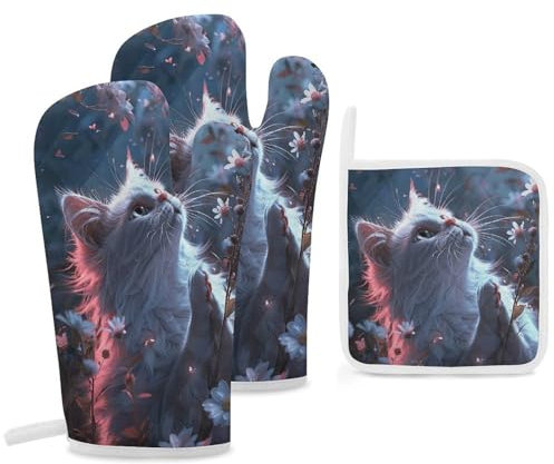 Lot de 3 gants de cuisine et maniques extra longs avec motif chat blanc en fleurs, résistant à la chaleur de 260 °C, gants de cuisine extra longs de 30 cm, essentiels pour la cuisine