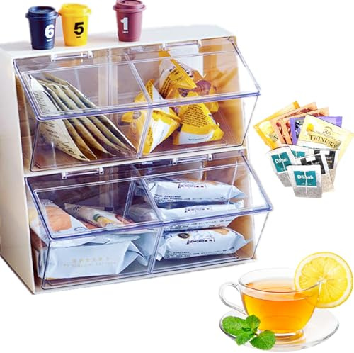 Lrqmte 4 Section Tea Bag Storage, Acrylic Coffee Sachet Holder with Dustproof Lid, Pantry Kitchen Countertop Organizer for Sugar Packets, Condiments, Spice Pouches