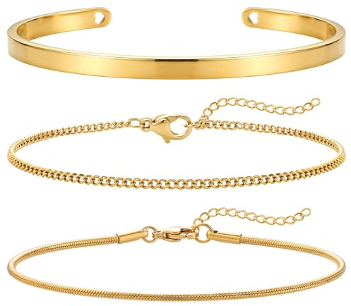 J.Fée Gold Armband Herren Edelstahl Armbänder Set, 3 Stück 316L Edelstahl Herren Armband Gold Kubanischen Stil Armreifen Hypoallergen Stapelbare Armbänder Schmuck Geschenke für Männer