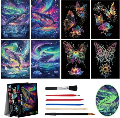 NICKLIN 8 Pcs A4 Scratch Art Paper for Adults, Glow in The Dark Scratch | Art Rainbow Painting Paper, Release Pressure, Magic Rainbow Cards Birthday Present Creative Crafts Set with Tools