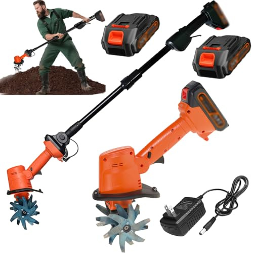 PRMTYUP Motobineuse éLectrique sans Fil 21 V, Motobineuse Manuelle De 10 Cm, 235 TR/Min, Largeur De Travail : 10 Cm, Profondeur De Travail : 10 Cm, pour Jardin, Potager, Serre,with 2 Batteries