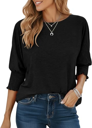 Cuptacc T Shirt Damen Rundhalausschnitt 3/4 Arm Tunika Schwarz XXL
