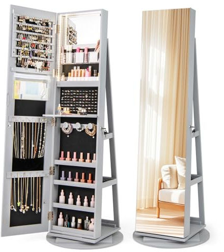 RELAX4LIFE Schmuckschrank mit 2 Spiegeln, 3 in 1 Spiegelschrank mit 3 farbigen LEDs, 360° Drehbar & Abschließbar, Schmuckorganizer mit 3 Regalen (Grau)