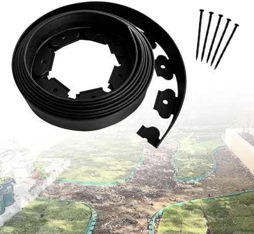 Kit de bordure de jardin – Bordure de paysage en plastique souple et léger avec pointes pour pelouse et parterres de fleurs – 10 cm de hauteur x 5 m de long, bordures noires