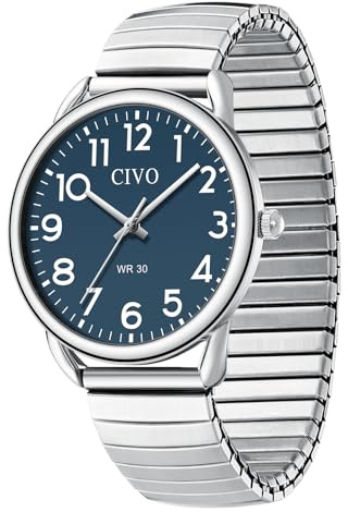 CIVO Easy Read Watches for Men: Waterproof Watch with 38mm Clear Blue Dial Stainless Steel Expansion Strap - Analog Quartz Watch with Non Adjustmentmen for Seniors with Poor Eyesight