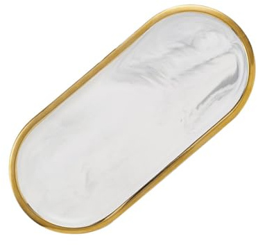 JOINPAYA Plateau à Bijoux Ovale Petit Format en Céramique Motif Marbre Blanc et Bordure Dorée Porte-Bibelots Décoratif Nordique pour Organisation Cosmétiques et Clés Plateau de Service