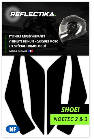 Kit Spécial Autocollants Stickers Réfléchissants pour Casque Moto Shoei Neotec 2 et 3 - Adhésif Noir de Signalisation Homologués Normes Française - Visibilité de Nuit