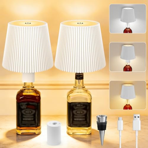 Wireless Bottle Lamp 2 Pack, Wireless Bottle Lampshade, LED Touch Control USB-C Rechargeable Bottle Lights, 3 Color Stepless Dimming Wine Bottle Lights, for Bedroom, Terrace, Party, Bar (White)