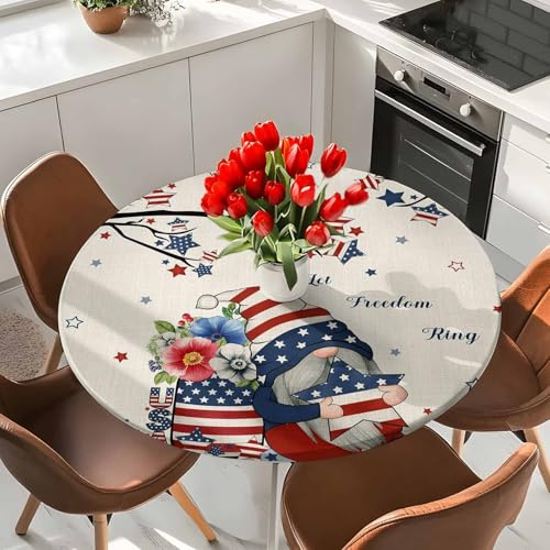 Round Fitted Tablecloth Independence Day Dwarfs Washable Waterproof Oil-Proof Elastic Table Covers for Picnic Camping Indoor Dining Table Protector Opium Poppy on Retro Linen Fits 45-54 Tables