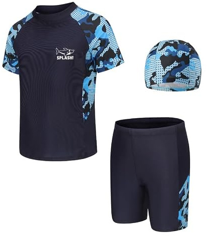 SolyLuby Boys Swimming Costume 3PCS Kids Swimsuits with Hat | Short Sleeve Swimming Costume Swim Shorts Top Rash Guard Tshirt for 3-13 Years Swimwear Sets