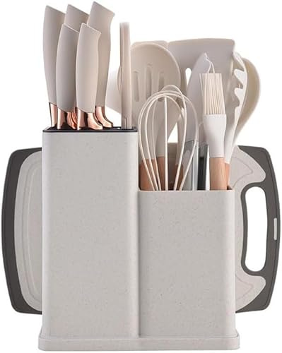 MF artSHOP Set Coltelli da Cucina 19 Pezzi con Portautensili – 5 Coltelli in Acciaio + 13 Utensili da Cucina in Silicone – Set Cucina Completo Antiaderente e Resistente al Calore (Bianco sporco)