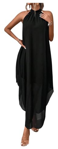 GORGLITTER Women's Halter Neck Asymmetrical Ruffle Dresses Sleeveless Flowy Maxi Beach Vacation Dress