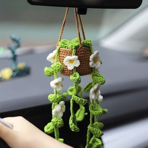 Crochet Car Accessories, Knitted Car Mirror Hanging Accessories, Potted Plant with White Flowers Rear View Mirror Decor for Women Men, Indoor Decorations