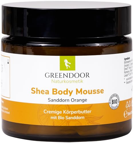 GREENDOOR Körperbutter Bodymousse Sanddorn Orange, Natur Body Butter im 200ml Glastiegel, rein natürliche vegane Inhaltsstoffe, Naturkosmetik mit BIO Sheabutter, Haut-Pflege Creme, Geschenke