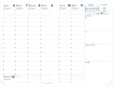Quo Vadis - Recharge Agenda année scolaire - 2025-2026 - Universitaire - Semainier Planning - Italien - 12 mois de mi-août à mi-août - 10x15 cm - Papier Clairefontaine blanc - Fabrication française