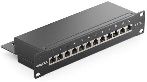 deleyCON CAT 6 Patchpanel Verteilerfeld 12 Port RJ45 - Schwarz | Desktop, 10 Zoll Rackeinbau, Servermontage, geschirmt, TIA568A TIA568B