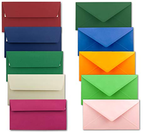 150x farbige Brief-Umschläge gemischt - DIN Lang - 110 x 220 mm - bunte Mischung - Haftklebung/Nassklebung - Mit und Ohne Futter - GUSTAV NEUSER