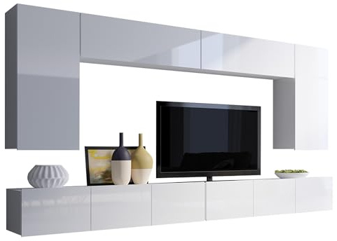 Mirjan24 Moderne Wohnwand Calabrini XIII, Anbauwand, Mediawand, Hängeschrank, TV Lowboard, Wandregal, Fernsehschrank, Wohnzimmerschrank (Weiß/Weiß Hochglanz)