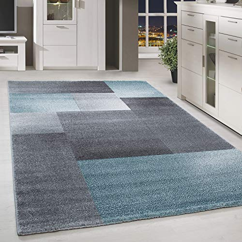 HomebyHome Kurzflor Teppich 120x170 cm Kariert Blau-Grau, Weiches Wohntextil mit Muster, Pflegeleichte Deko für Wohnzimmer, Gäste- oder Schlafbereich