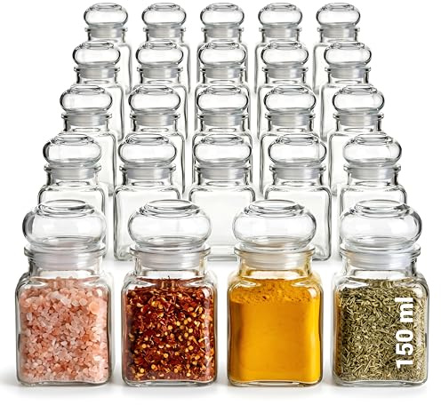gouveo 24er Set Gewürzglas 150 ml (0,15 l) eckig mit Glaskorken – quadratische Klarglas Vorratsgläser zum Befüllen für Gewürze, Kräuter, Tee, Süßigkeiten und Kleinteile