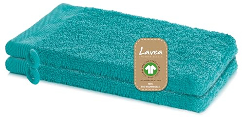 Lavea® 2 Guanti da Bagno 16 x 22 cm cm in Spugna di Cotone Bio 100% Morbidi e Assorbenti, per Casa Hotel Spa – Manopola da Bagno con Gancetto – Blu oceano
