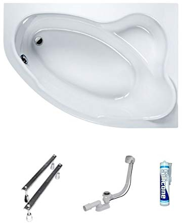 ECOLAM® Badewanne Eckwanne Comfort 160x100 cm RECHTS Acryl weiß Ablaufgarnitur Ab- und Überlauf Automatik Füße Silikon