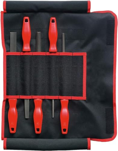 F. DICK Werkstattfeilensatz 5-teilig (inkl. Rolltasche, Feilen mit Kunststoffgriff, Hieb 2 – für mittleren Materialabtrag, verschiedene Formen, Feilensatz, 200 mm) 1308202