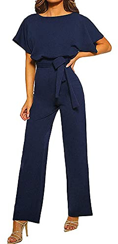 Coloody Femmes Combinaison Manches Courtes Barboteuse Jumpsuit Élégant Pantalon Lâche Combishort avec Ceinture A-Bleu L