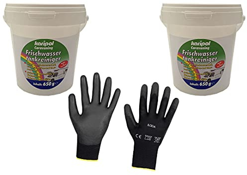 ILODA 2x 650g karipol Frischwassertankreiniger Granulat + 1 Paar ILODA Schutzhandschuhe, Caravan Wassertankreiniger für Wohnmobile, Wohnwagen, Boote usw., Frischwasser, Desinfetkion