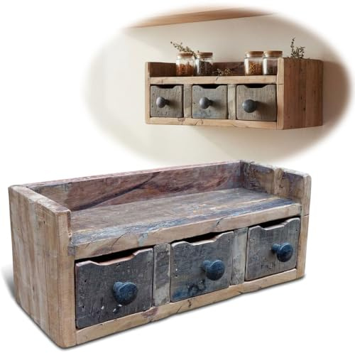 LS-LebenStil Vintage Küchenregal Unika 35cm hängend Factory Braun | 3 Schubladen | Hängend / Freistehend | Organizer kleine Kommode | Wandregal Wandboard Gewürzregal Schubladenbox