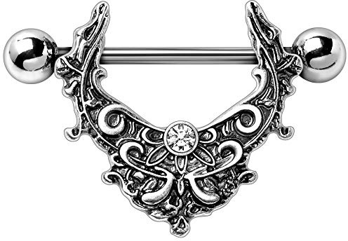 eeddoo® Stahl Nipple-Piercing Shield aus Edelstahl Silber mit Design Gothic