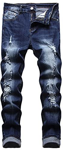 JUNBAOSS Smala stretch jeans för män, rippade smala jeans för män, slitna raka ben, bekväma flexibla midjebyxor, D#blå, 58, Blå, 40