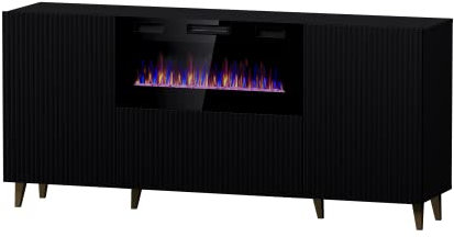 BIM Furniture Cómoda Pafos de 180 cm con chimenea eléctrica frontal fresada MDF de 3 puertas, aparador alto, armario abierto, estantes abiertos, color negro mate