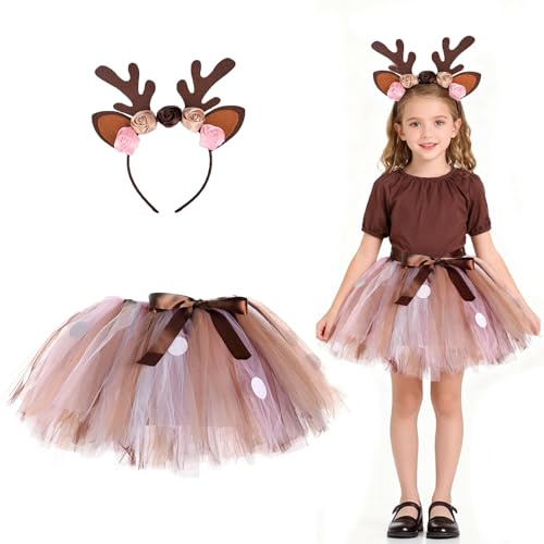 Hifot Deguisement Renne pour Enfant Fille,Serre-tête Renne avec Tutu Jupe Deguisement Animaux Cosplay Halloween Noël Costume