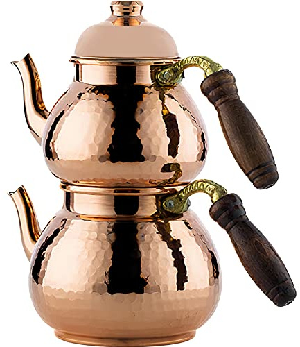 Handmade Copper Turkish Tea Pots, Hammered Samovar Style Vintage Tea Kettle Pot with Brass and Wooden Handle, Thickest Copper Double Teapot Set for Stovetop