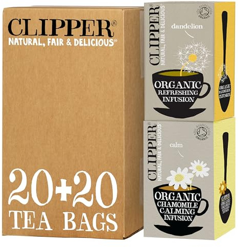 Clipper Organic Infusion Chamomile 20 Tea Bags (Pack of 6) & Organic Dandelion Infusion 20 Bags (Pack of 6, Total 120 Teabags)