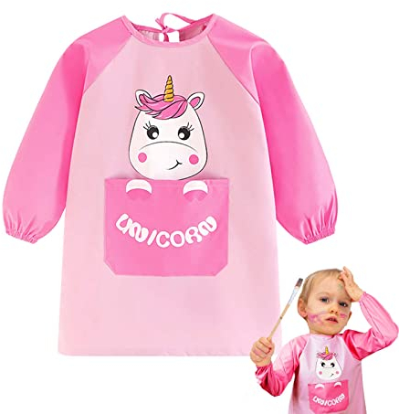 ROSEMO Malschürze Kinder Malerkittel für 6-12 Jahre Mädchen Junge Wasserdicht Malkittel Einstellbar Bastelschürze mit Einhorn Muster, Ärmeln und Taschen Bastelkittel Kunstschürze für Schule Malerei