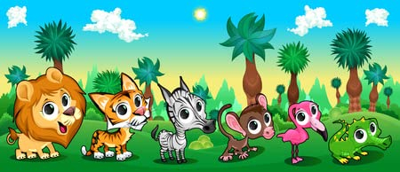 adrium Acryl-Bild 140 x 60 cm: Eine Reihe lustiger Tiere im Wald. Vektor- und Cartoon-Illustration.(35073472)