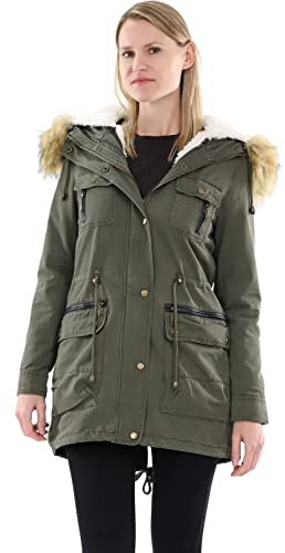 Malito - Parka da donna con cappuccio in pelliccia sintetica - fodera interna e 5 tasche frontali - giacca calda foderata per l'autunno e l'inverno 81099 (taglia S-XL), Oliva-81100, S