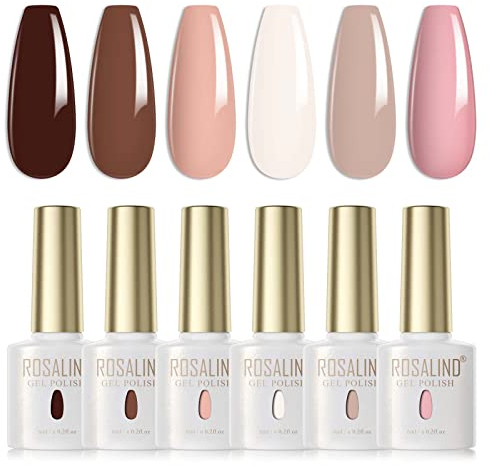 ROSALIND UV Nagellack Set 6 Farben Weiß Rosa Nude Brown Khaki Farben Gel Nagellack Set Farbgel für Gelnägel Soak Off UV Nail Gel Polish Für Lampe Nagel Salon Design Kit 6ml